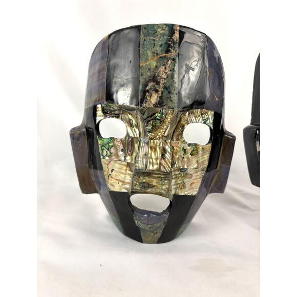 Vintage Pair Mexican Shell + Stone Mosaic Mask Folk Art Aztec Style Tessellated - Picture 2 of 14